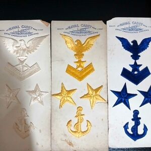 3 Brand New Vintage Naval Cadet Swiss Embroidered Emblems Sets White,Gold, Blue